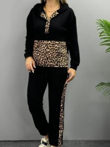 Kadın Uzun Kollu Leopar Detay Sweat Ve Yanı Leopar şerit Detay Pantolon Ikili Takım - Görsel 6