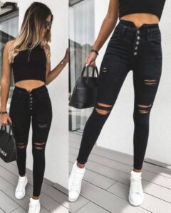 Kadın 5 Düğmeli V Detay Bel Yırtık Kot Pantolon - Görsel 2