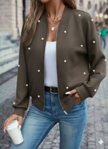 Kadın Uzun Kollu önden Fermuarlı Incili Kısa Modal Ceket - Görsel 2