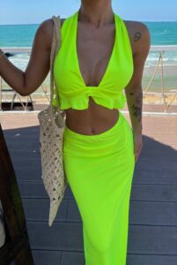 Kadın Mayo Kumaş Bağlamalı Crop Ve Maxi Boy Etek Ikili Takım