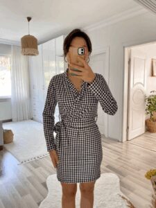 Kadın Uzun Kollu Kruvaze Yaka Bağlamalı Kemer Dalgıç Mini Boy Elbise - Görsel 10