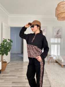 Kadın Uzun Kollu Leopar Detay Sweat Ve Yanı Leopar şerit Detay Pantolon Ikili Takım - Görsel 4