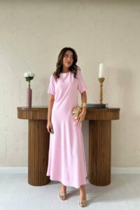 Pudra Pileli Bisiklet Yaka Elbise