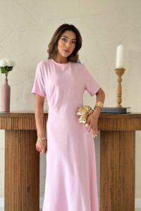 Pudra Pileli Bisiklet Yaka Elbise - Görsel 2