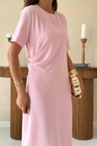 Pudra Pileli Bisiklet Yaka Elbise - Görsel 4