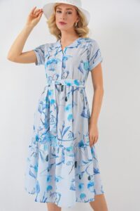 Desenli Kısa Kol Elbise 2558 - Mavi - Görsel 4