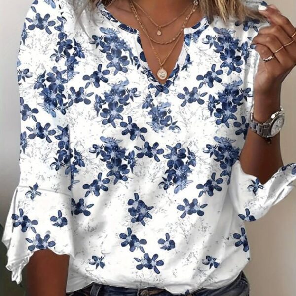 Kadın Fakir Kollu Fırfırlı V Yakalı çiçek Desenli Ithal Keten Bluz