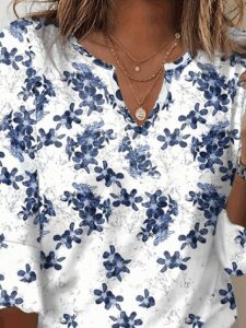 Kadın Fakir Kollu Fırfırlı V Yakalı çiçek Desenli Ithal Keten Bluz - Görsel 2