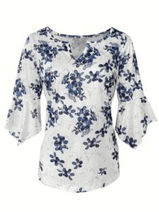 Kadın Fakir Kollu Fırfırlı V Yakalı çiçek Desenli Ithal Keten Bluz - Görsel 4