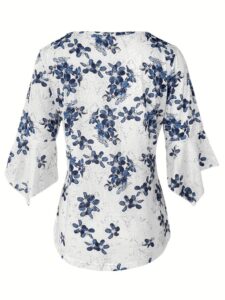 Kadın Fakir Kollu Fırfırlı V Yakalı çiçek Desenli Ithal Keten Bluz - Görsel 5