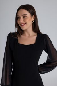 Kadın Kare Yaka Kolları Tül Sandy Kumaş Fırsat ürün Mini Siyah Elbise - Görsel 4