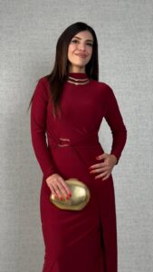 Kadın Balıkçı Yaka Toka Detay Sandy Kumaş Midi Boy Elbise