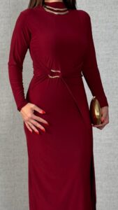 Kadın Balıkçı Yaka Toka Detay Sandy Kumaş Midi Boy Elbise - Görsel 2