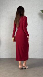 Kadın Balıkçı Yaka Toka Detay Sandy Kumaş Midi Boy Elbise - Görsel 5