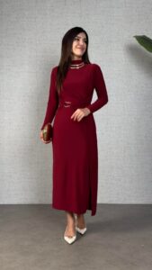 Kadın Balıkçı Yaka Toka Detay Sandy Kumaş Midi Boy Elbise - Görsel 6