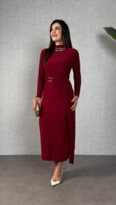 Kadın Balıkçı Yaka Toka Detay Sandy Kumaş Midi Boy Elbise - Görsel 7