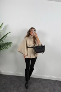 Kadın Yara Kol Balıkçı Yaka Kemer Dahil Kaşe Kaban - Görsel 7