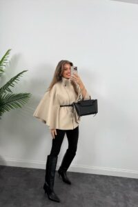 Kadın Yara Kol Balıkçı Yaka Kemer Dahil Kaşe Kaban - Görsel 10