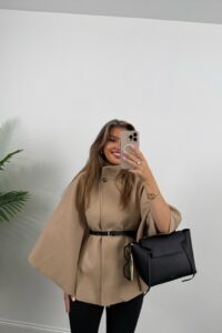 Kadın Yara Kol Balıkçı Yaka Kemer Dahil Kaşe Kaban - Görsel 2