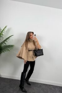 Kadın Yara Kol Balıkçı Yaka Kemer Dahil Kaşe Kaban - Görsel 12