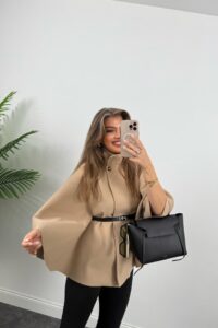 Kadın Yara Kol Balıkçı Yaka Kemer Dahil Kaşe Kaban - Görsel 4