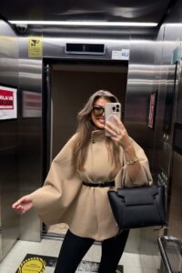 Kadın Yara Kol Balıkçı Yaka Kemer Dahil Kaşe Kaban - Görsel 6