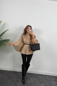 Kadın Yara Kol Balıkçı Yaka Kemer Dahil Kaşe Kaban - Görsel 7