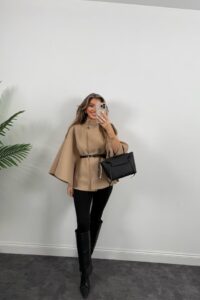 Kadın Yara Kol Balıkçı Yaka Kemer Dahil Kaşe Kaban - Görsel 9