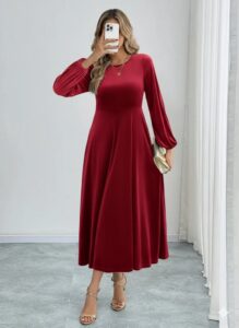 Kadın Uzun Kollu Bisiklet Yaka Midi Kadife Elbise - Görsel 4