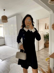Kadın Uzun Kollu Yakalı A Kesim Kısa Ithal Krep Elbise - Görsel 18
