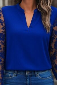 Kadın Uzun Kollu Yaka Düğme Detay Güpürlü Kol Krep Bluz - Görsel 2