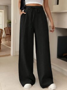 Kadın Yüksek Bel Bağcıklı Geniş Paçalı Uzun Bürümcük Pantolon
