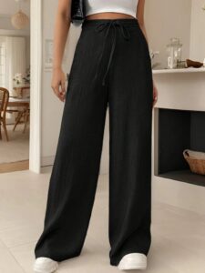 Kadın Yüksek Bel Bağcıklı Geniş Paçalı Uzun Bürümcük Pantolon - Görsel 3