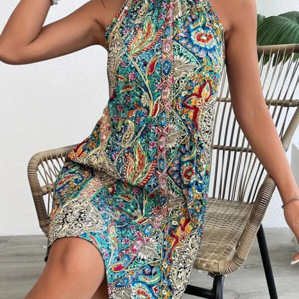 Kadın Sıfır Kol Boyundan Askılı Desenli Midi Süprem Elbise