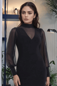 Kadın Balıkçı Yaka Transparan Detay Fırsat ürün Sandy Kumaş Mini Elbise - Görsel 7