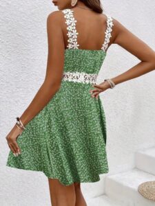 Kadın Askılı Dantel Yakalı çiçek Desenli Süprem Elbise - Görsel 2