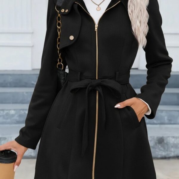 Kadın Uzun Kollu Boyundan Düğmeli Fermuarlı Beli Kuşaklı Süet Ceket