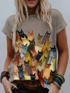 Kadın Kısa Kollu Bisiklet Yaka Kedi Desenli Süprem Bluz - Görsel 3