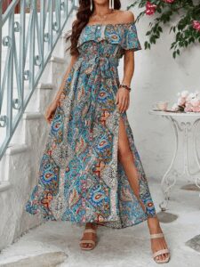 Kadın Kısa Kollu Madonna Yaka Fırfırlı Belden Yırtmaçlı Maksi Süprem Elbise - Görsel 4