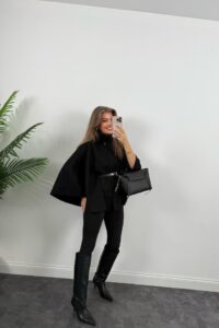 Kadın Yara Kol Balıkçı Yaka Kemer Dahil Kaşe Kaban - Görsel 8