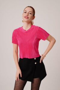 Fitilli Kısa Kollu Parlak Fuşya Bluz