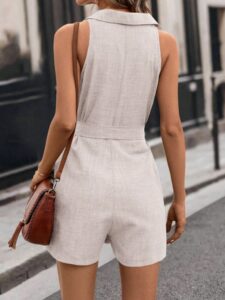 Kadın Sıfır Kollu Yakalı Düğmeli Belden Kuşaklı Kısa Keten Tulum - Görsel 5