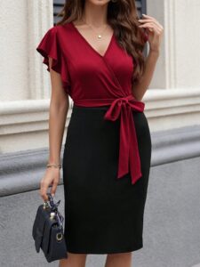 Kadın Kısa Kelebek Kollu Kruvaze Yakalı çift Renkli Kuşaklı Ithal Krep Elbise - Görsel 2