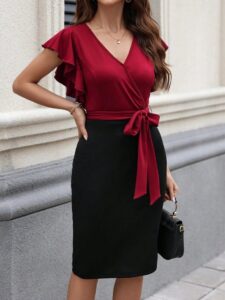 Kadın Kısa Kelebek Kollu Kruvaze Yakalı çift Renkli Kuşaklı Ithal Krep Elbise - Görsel 4