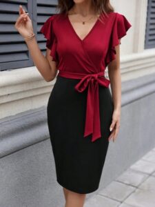 Kadın Kısa Kelebek Kollu Kruvaze Yakalı çift Renkli Kuşaklı Ithal Krep Elbise - Görsel 5