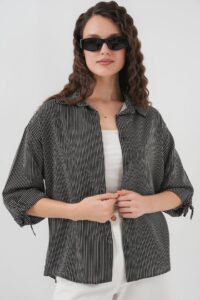 Çizgili Oversize Kısa Kol Gömlek 20296 - Siyah - Görsel 4