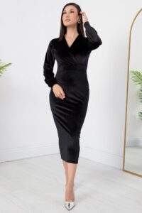 Kadın Kadife Kumaş Manşetli V Yaka Şık Kalem Elbise - Görsel 7