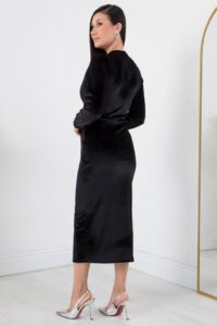 Kadın Kadife Kumaş Manşetli V Yaka Şık Kalem Elbise - Görsel 8