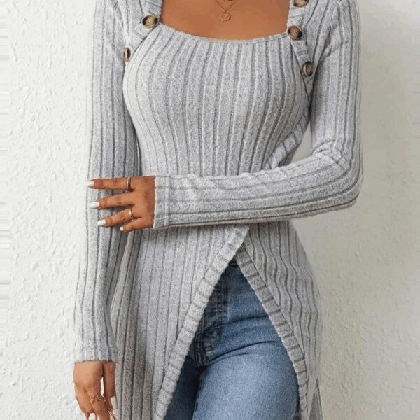 Kadın Uzun Kollu Derin Kare Yaka Düğme Detay şardonlu Kaşkorse Kruvaze Bluz