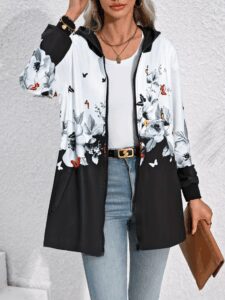 Kadın Uzun Kollu Kapşonlu Fermuarlı çiçek-kelebek Desenli şardonlu Dalgıç Ceket - Görsel 2